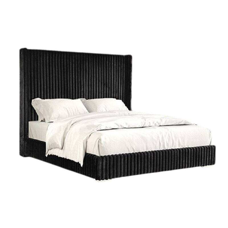 Wolo Twin Bed, Black Fur Chenille Ribbed Upholstery, Wing Headboard