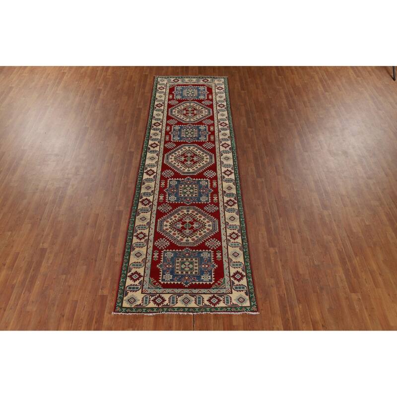 Red Geometric Kazak Runner Rug Handmade Wool Carpet - 4'0" x 13'5"