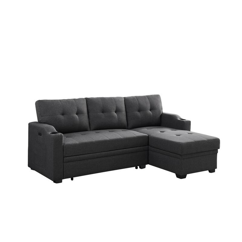 Leon 83 Inch Sleeper Sectional Sofa, USB Ports, Cupholders, Dark Gray Linen - Grey - Symmetrical