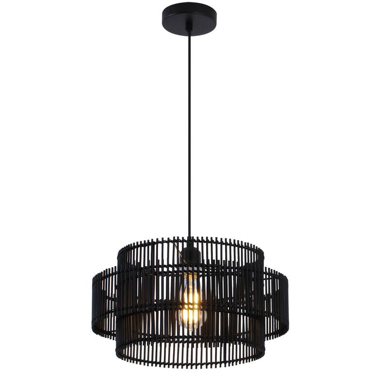 Solara 16 in. 2-Tiers 1-Light Pendant Light with Bamboo Round Shade, No Bulbs Included - Black