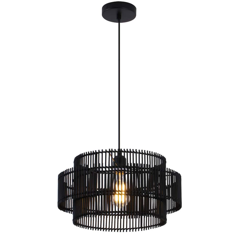 Solara 16 in. 2-Tiers 1-Light Pendant Light with Bamboo Round Shade, No Bulbs Included