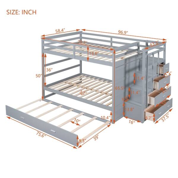 dimension image slide 5 of 6, Solid Wood Bunkbed Frame with Trundle, Storage Stairs and Guardrail