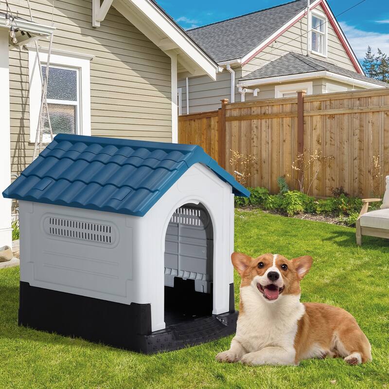 Plastic Dog House with Air Vents, Elevated Floor, Insulated Outdoor Indoor Kennel for Small Dogs