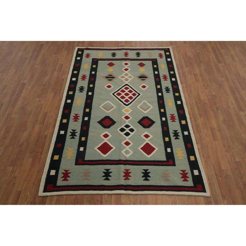 Hand Woven Oriental 100% Wool Carpet Southwestern Tribal Green Kilim Area Rug - 8' 1'' X 5' 2''