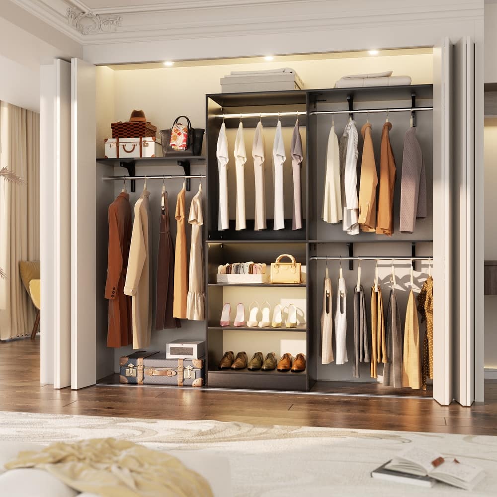 96'' W Walk-in Closet System with 4 Hanging Rods and 3 Shelving Towers, Sturdy Closet Organizer with Storage Shelves