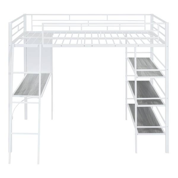 slide 2 of 22, Modern Full Metal Loft Bed with Shelves, Desk & Whiteboard White