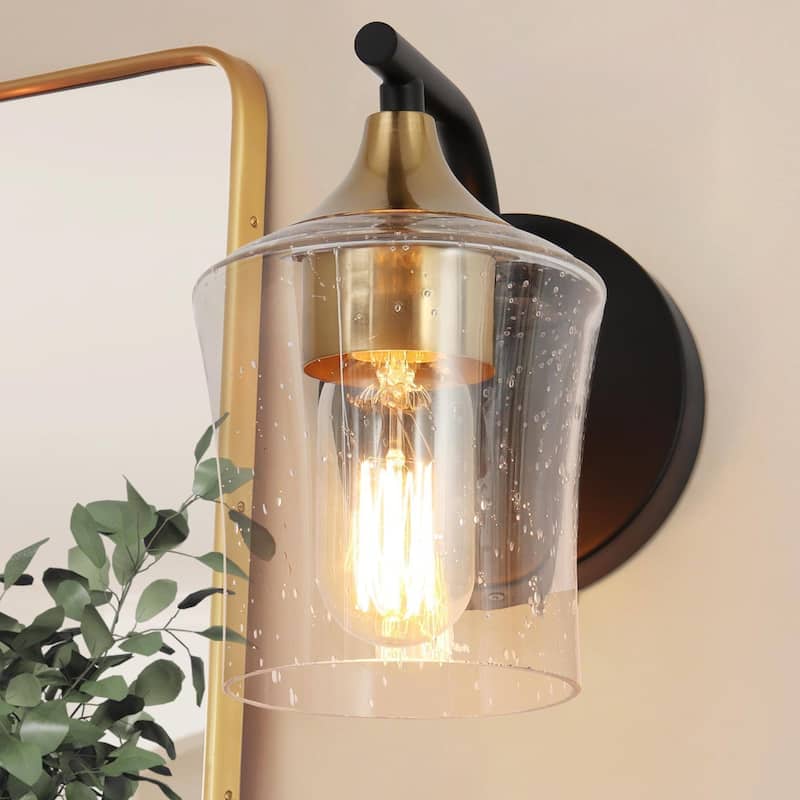 Modern 1-Light Black Gold Wall Sconce Glass Vanity Lights for Bathroom - Seeded