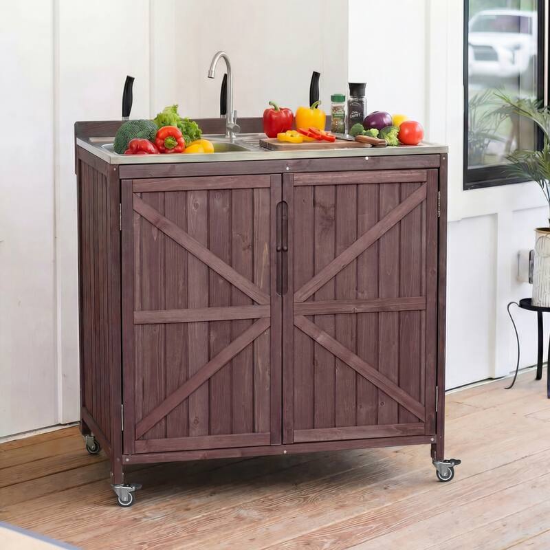 39.4" Outdoor Kitchen Island with 304 Stainless Steel Sink, Faucet & Storage Cabinet