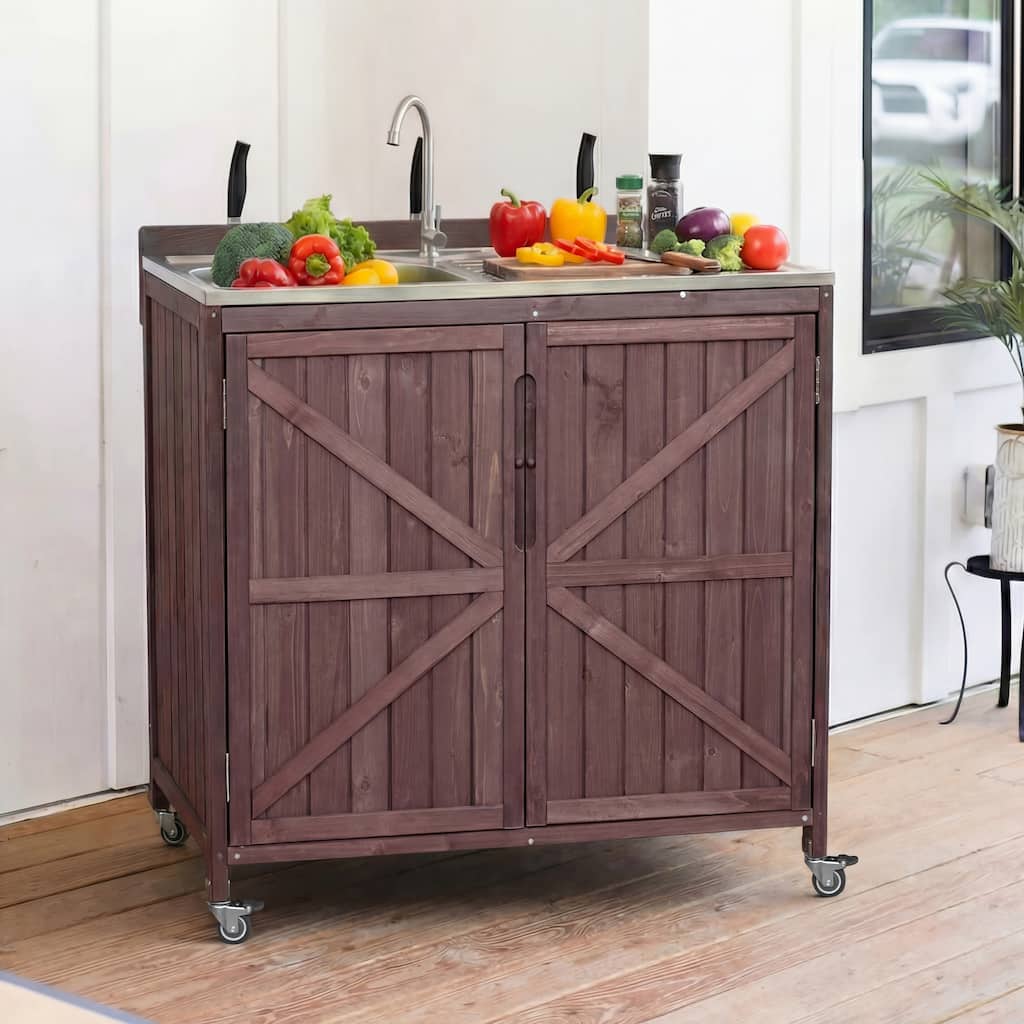 39.4" Outdoor Kitchen Island with 304 Stainless Steel Sink, Hose Hook Up & Faucet, Back Splash & 4 Wheels