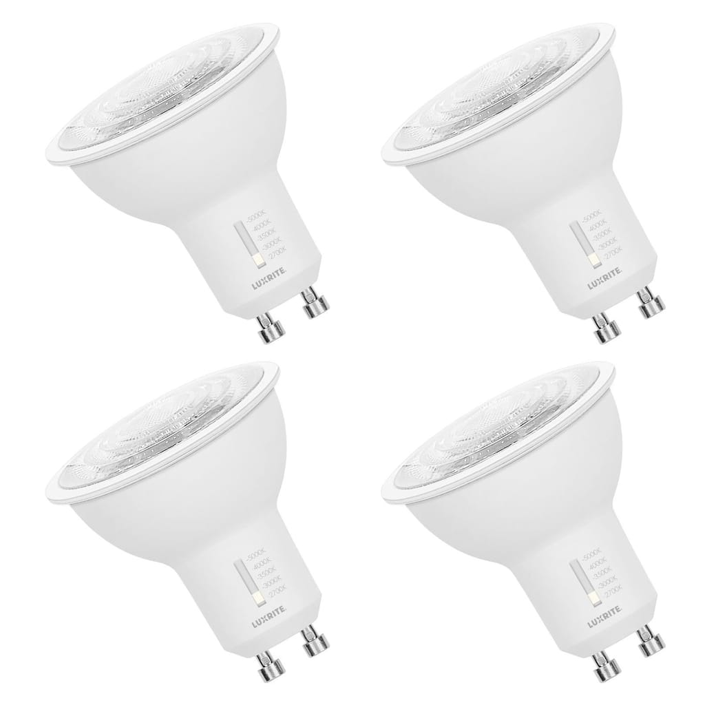 Luxrite GU10 LED Bulbs Dimmable 50W Halogen Equivalent 5CCT 6.5 Watt 500 Lumens GU10 Enclosed Fixture Rated (4 Pack)