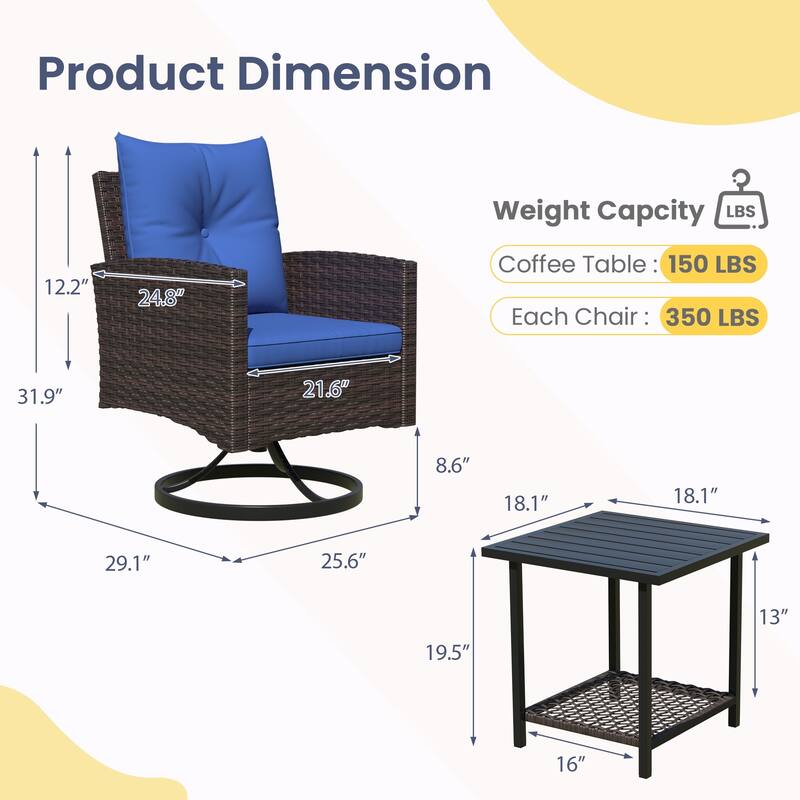 Outdoor Swivel Rocker Patio Chairs Set of 2 with Coffee Table &Cushions, Rattan Bistro Set for Porch, Backyard, Balcony