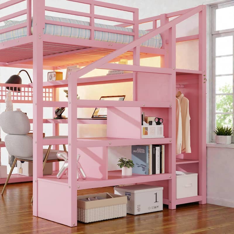Full Size Metal Loft Bed with Staircase Storage, Wardrobe, L-Shaped Desk, Shelves, LED Lights and USB Charging Station
