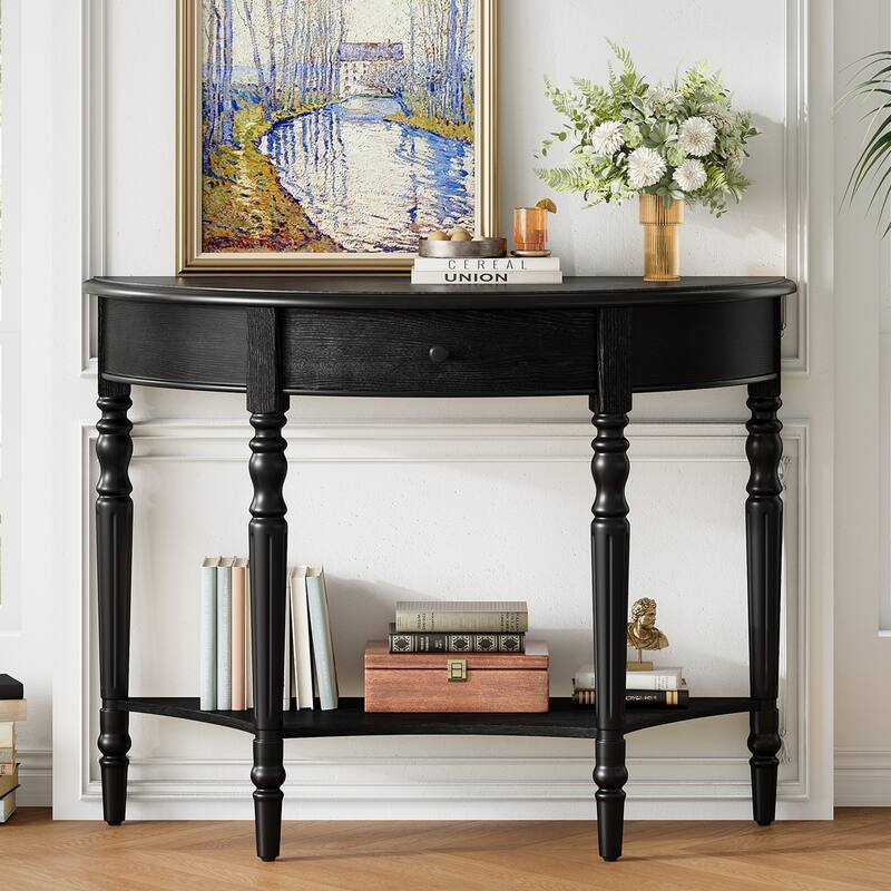 Farmhouse Half Moon Console Table with Drawer & Shelf - Sofa Table in Black