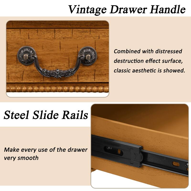Vintage Cocktail Table Rectangular Wooden Coffee Table with Storage Drawer, Gourd-Shaped Legs and Zinc Alloy Handle