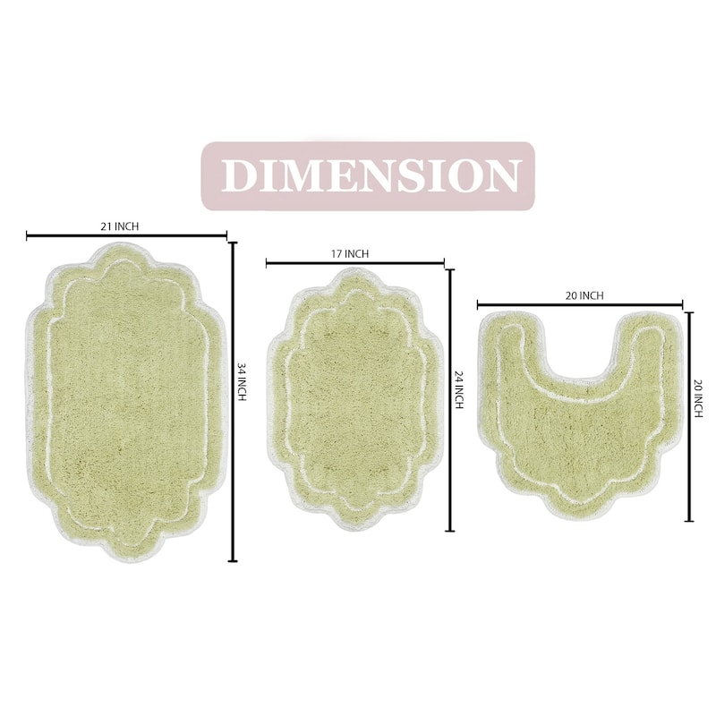 Allure Collection 100% Cotton Non-Slip Bathroom Rug Set, 3 Piece Machine Washable- Bathroom Rug, Bath Rug, U Shaped Contour