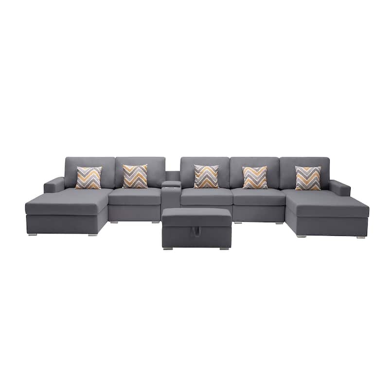 Linen Fabric 7 Piece U-Shaped Double Chaise Sectional Sofa with Interchangeable Legs and Storage Console Table - Gray