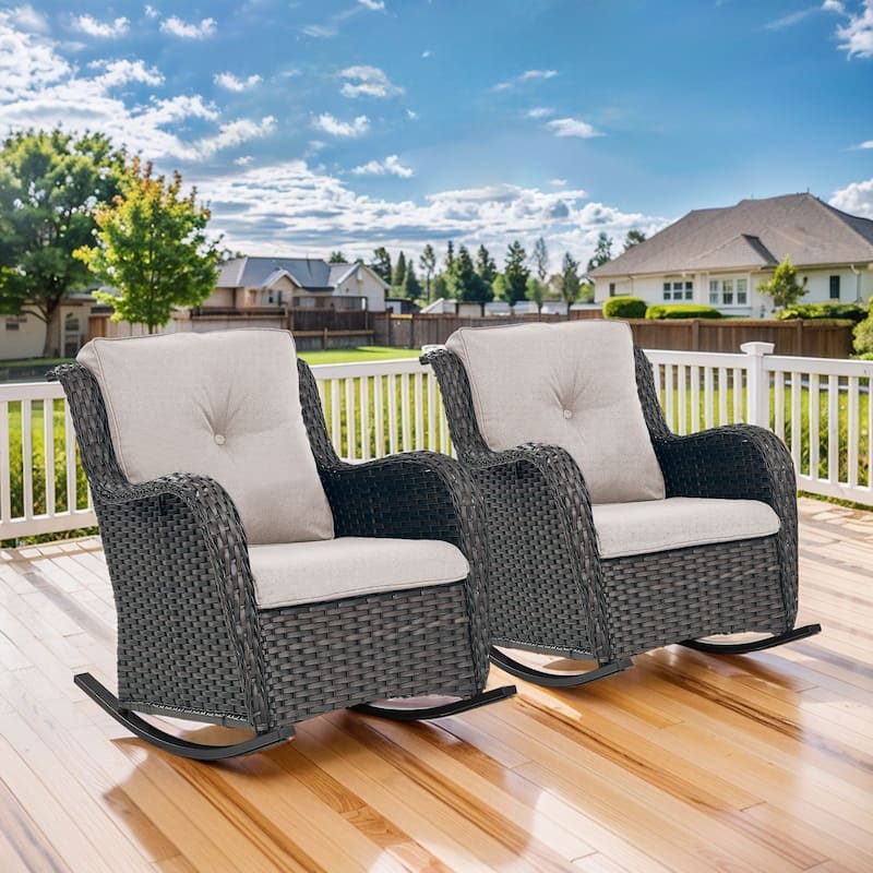 Gymojoy Comfortable PE Rattan Wicker Outdoor Rocking Chair Set of 2 - 2-Piece - Brown Wicker / Beige Cushion