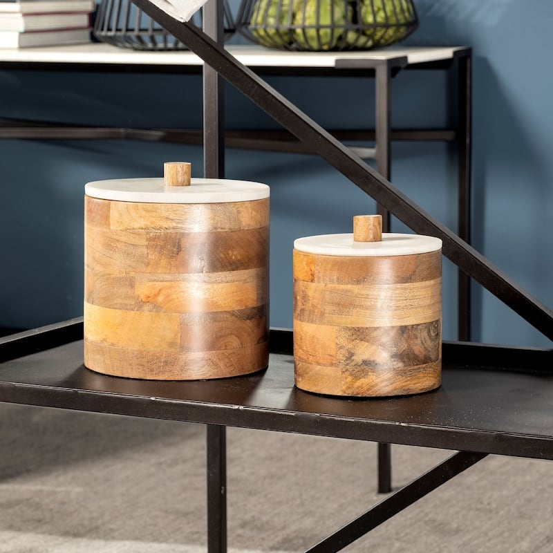 Sandook Small Brown Solid Wood w/ Ceramic Lid Storage Jar