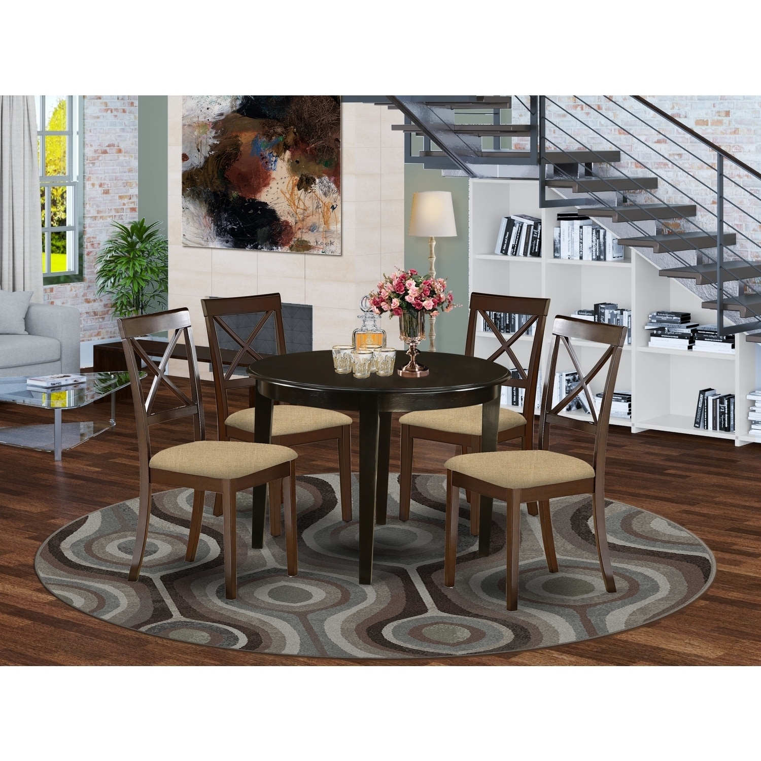 HomeStock 5-Pc Cappuccino Solid Wood Top - Round Dining Room Set - Seats 4