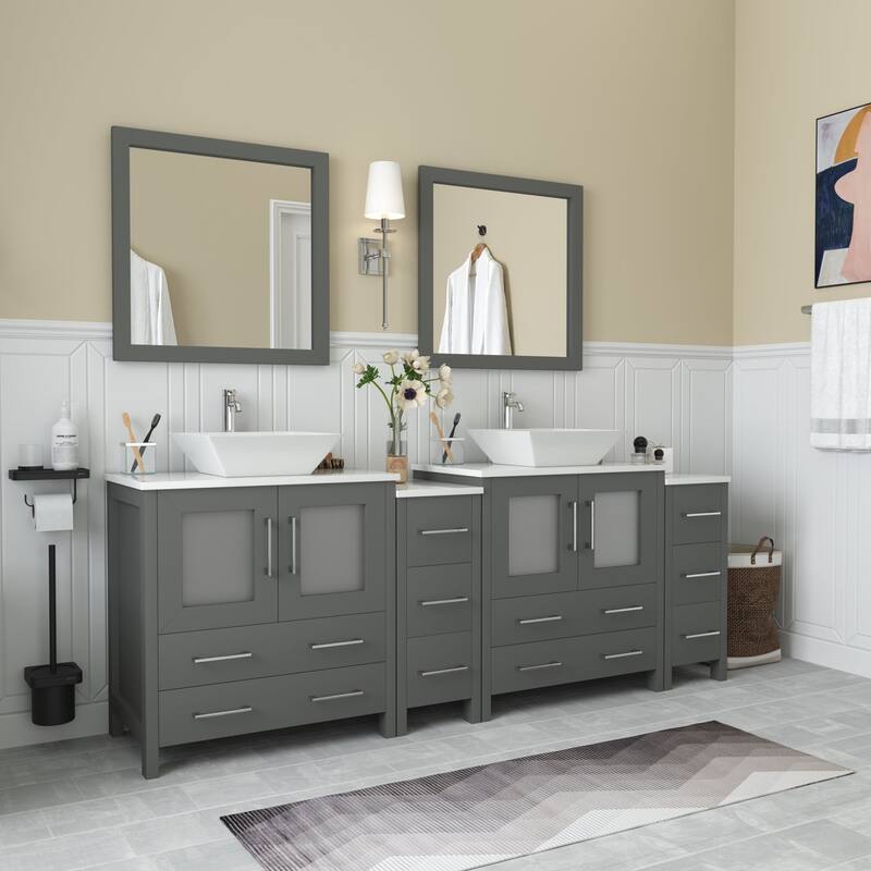 Vanity Art 84-inch Double Sink Bathroom Vanity Set with Engineered Marble Top and Free Mirror - 84 x 18.5 x 36 Inches