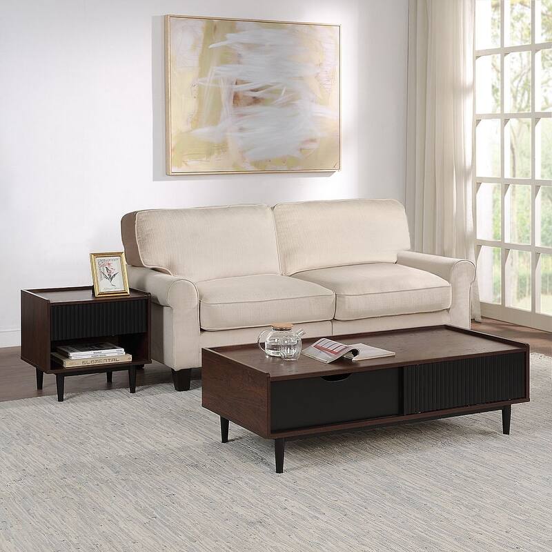 Manhattan Comfort Duane Modern Ribbed Coffee Table Set - Black