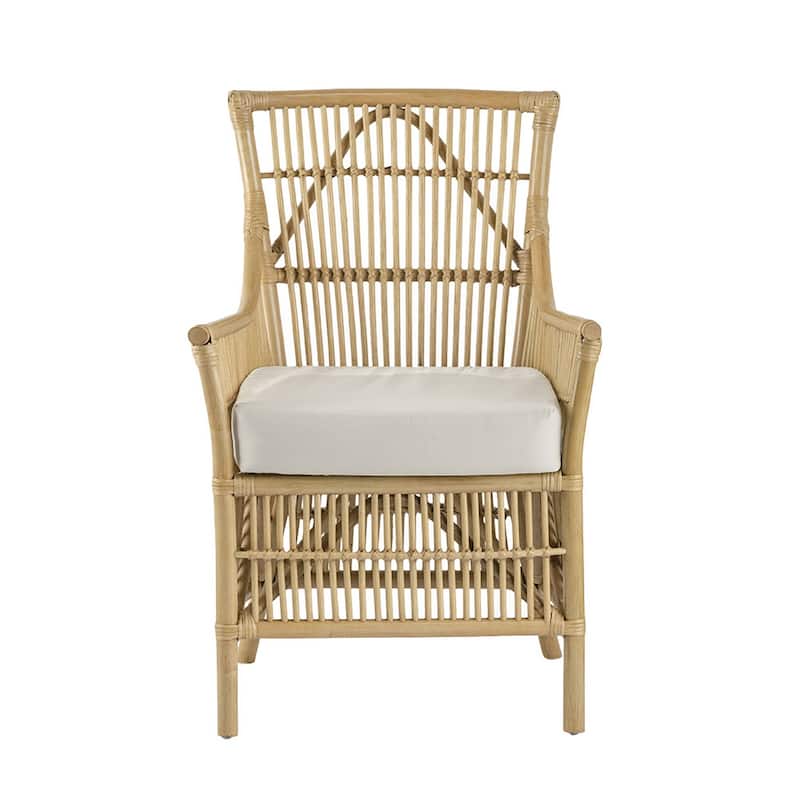 23 Inch Rattan Dining Armchair, White Fabric Padded Seat, Natural Brown
