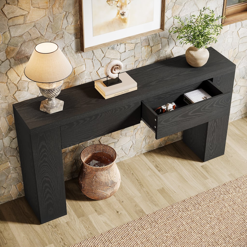 63" Wood Console Table With Drawers, Rustic Brown Sofa Console Table