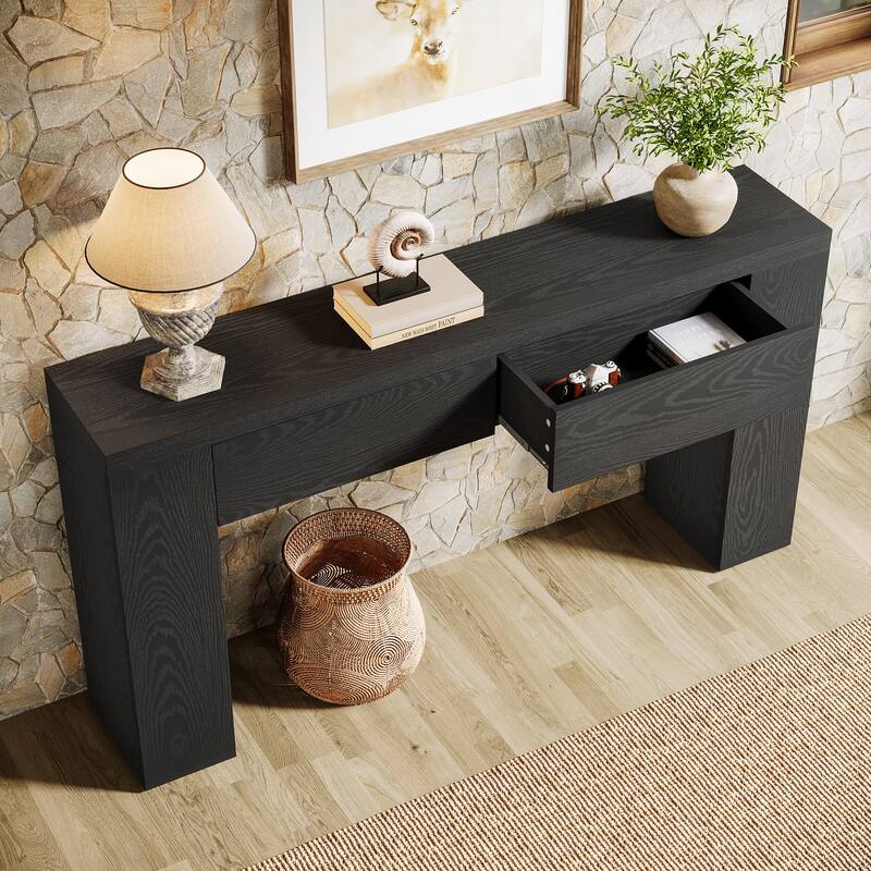 63-Inch Wooden Console Table with 2 Hidden Drawers, Sofa Table for Living Room, Hallway, Entrance, Foyer
