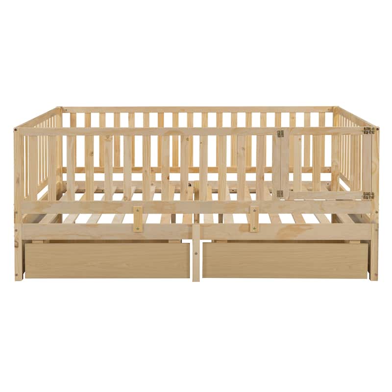 Natural Full Size Solid Wood Daybed with Fence Guardrails and 2 Drawers, Split into Independent for Bedroom