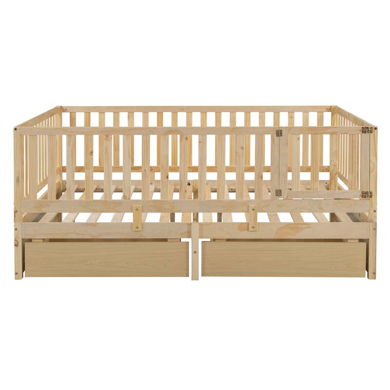 Pine Wood Daybed Floor Bed Frame with Fence Guardrails and 2 Drawers, Converts into Two Individual Beds, No Box Spring Needed