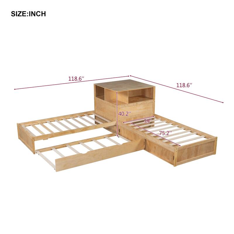 Twin Size L-shaped Bed Frame with Trundle Bed and Storage Cabinets, Desk, Lighting, Corner Platform Storage Bed Frame