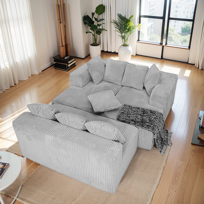 Modular U-Shaped Sectional Sofa,130-inch 4-Seater Chaise Lounge with Reversible Design, Striped Corduroy Fabric in Gray