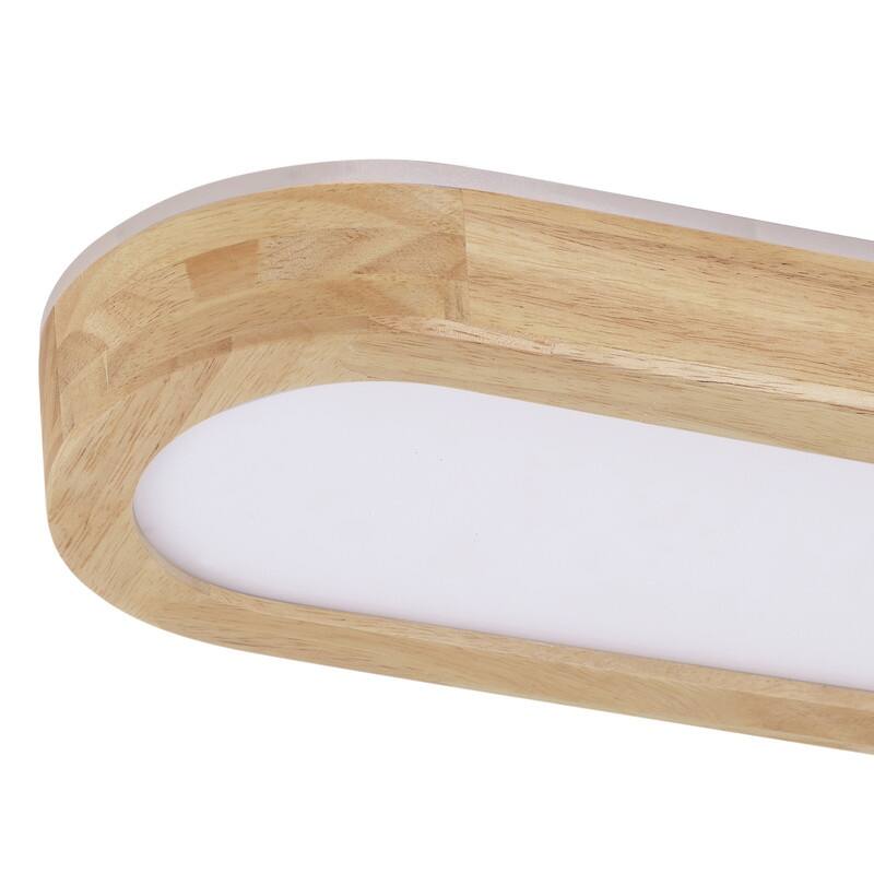 Modern Linear Flush Mount Ceiling Light Matte White Metal with Wood Grain Accent Milky White Diffuser