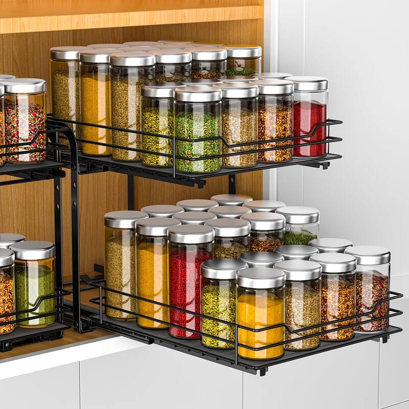 Spice Rack Organizer,2 Tier Pull Out Spice Racks for Inside Cabinets & Pantry Closet, Height Adjustable Heavy Duty Metal Basket - Silver