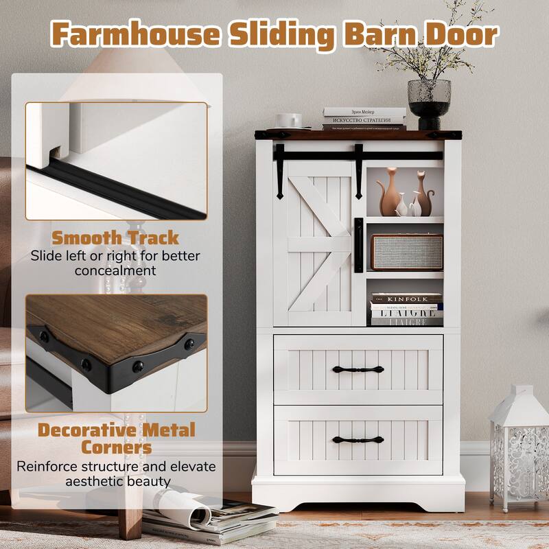 Farmhouse Bathroom Floor Cabinet with Sliding Barn Door and Adjustable Shelves White