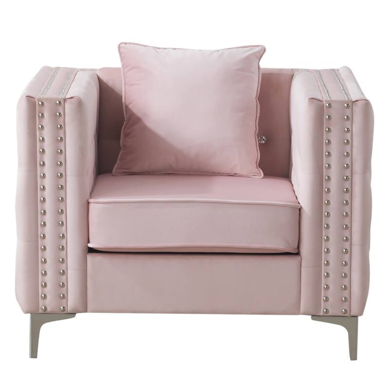 Velvet Jeweled Button Tufted Accent Chair with Pillow - 40" - Pink