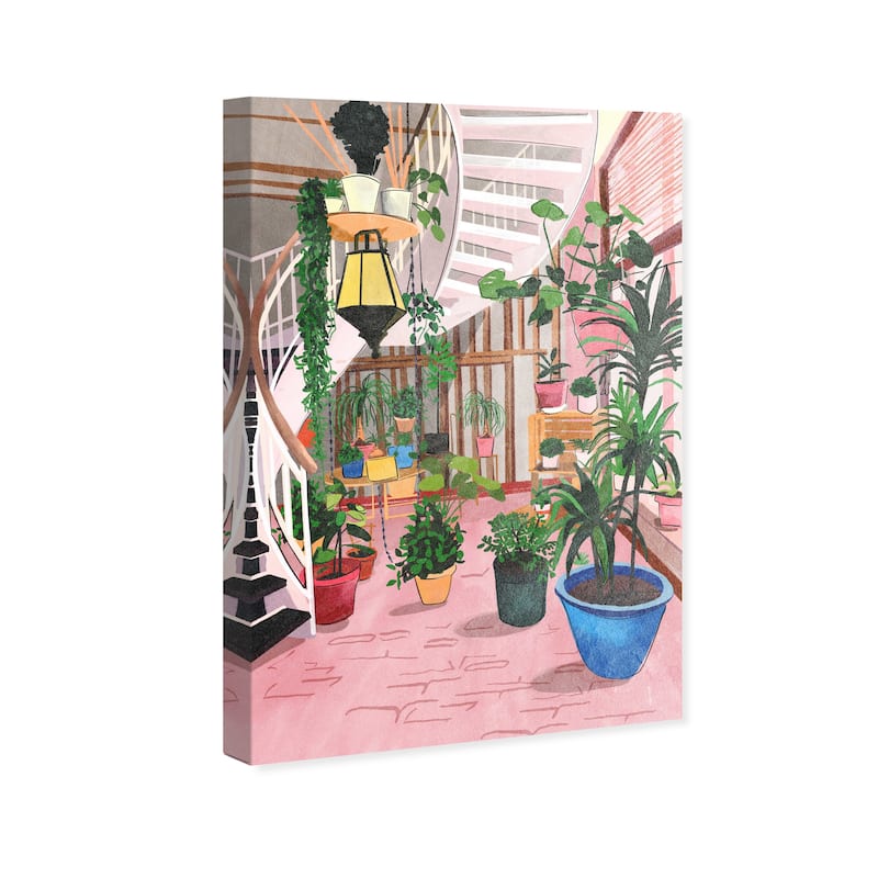 Wynwood Studio Canvas Floral and Botanical Terrace full of plants Pink and Modern & Contemporary Wall Art Canvas Print