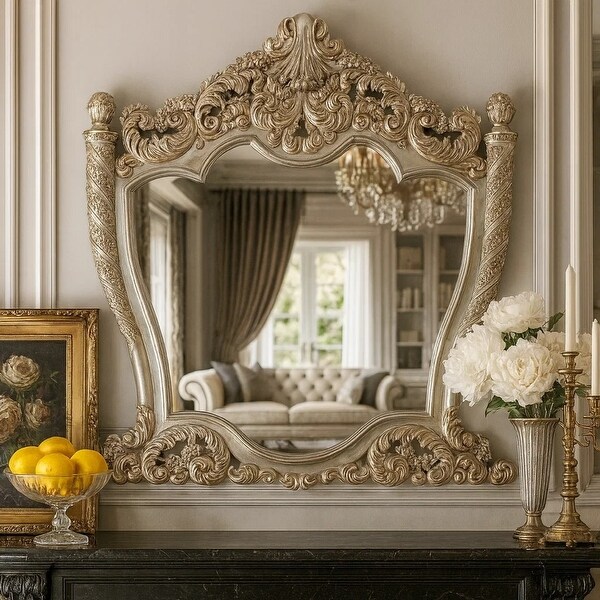 Mas 59 Inch Classic Wood Mirror, Ornate Carved Frame, Champagne