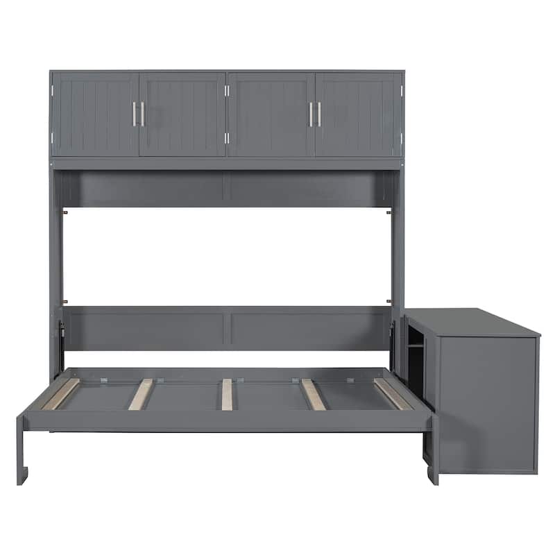 Queen Size Murphy Bed with Storage Shelves and 2 Storage Cabinets, Wooden Foldable Wall Bed Frame with Desk & Hydraulic Lift