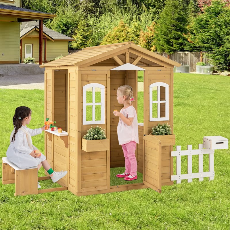 Natural Fir Wood Kids Playhouse with White Windows, Bench and Flowerpot Holders - 80.5" L x 47" W x 55" H