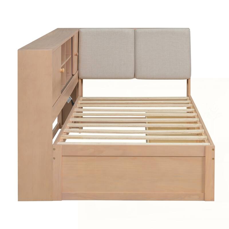 L-shaped Daybed Corner Bed with Storage Bookcase and USB Charging Ports