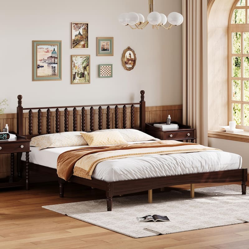 Wood Platform Bed Frame with Gourd Shaped Headboard, Retro Style Low Profile Bed with Wooden Slat Support, No Box Spring Needed - Walnut - King