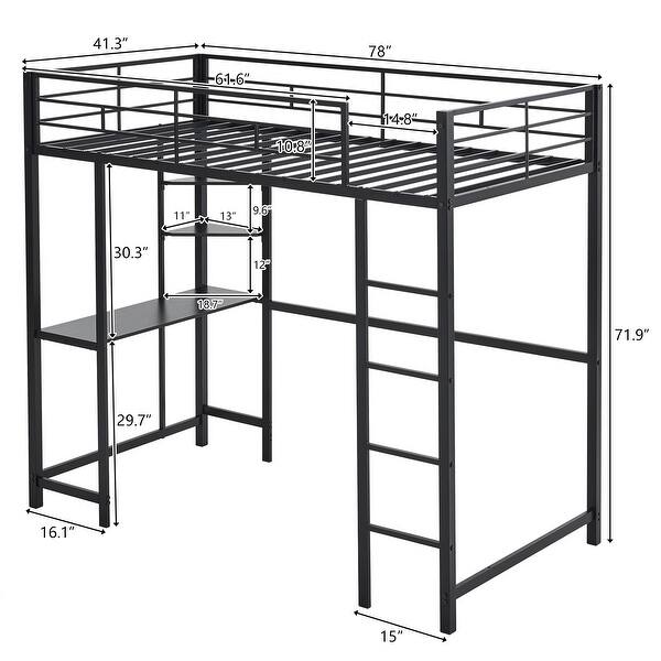 Twin Size Metal Loft Bed with Desk and Storage Shelves