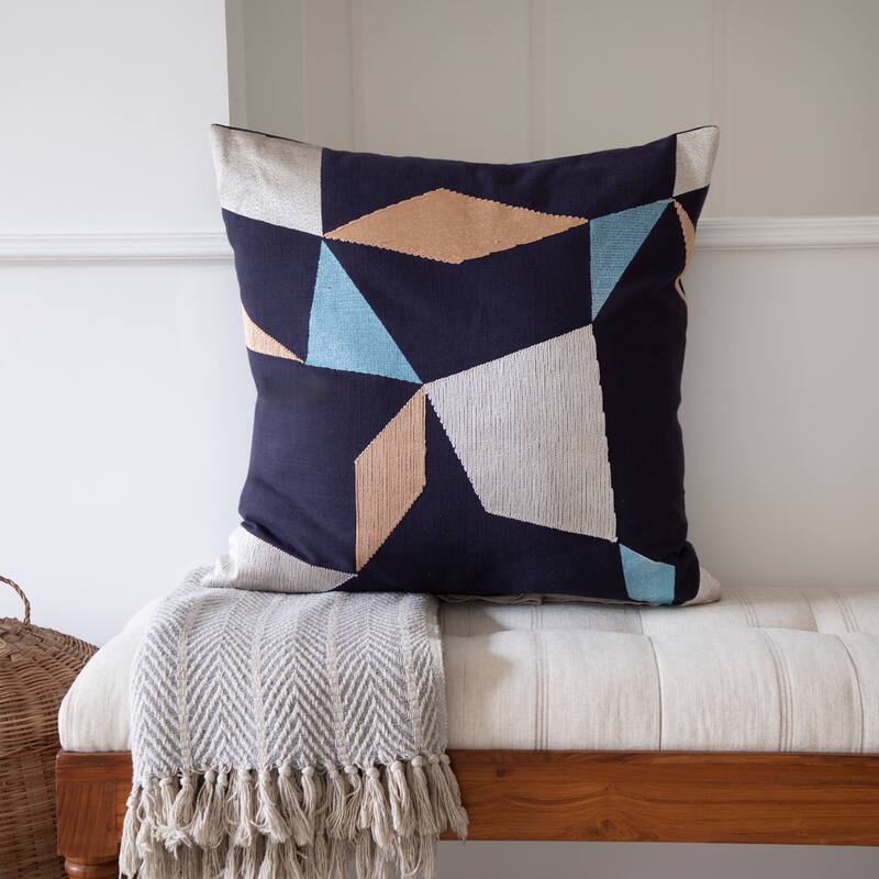 Embroidered Geometric Abstract Square Throw Pillow - 20" - Denim Blue and Beige