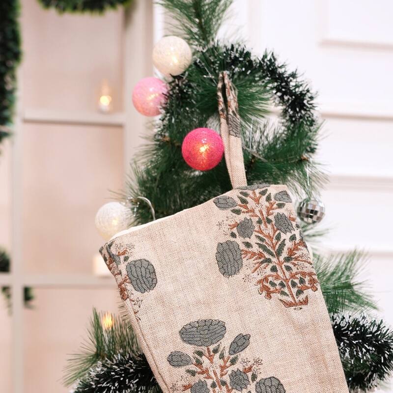 Fabdivine 16x6.5 Inches Hand Floral Block Print Christmas Stockings Tassle and Loop Perfect for Gift - 16"X6.5" - Swadesh- Grey, Brown - Christmas Stockings