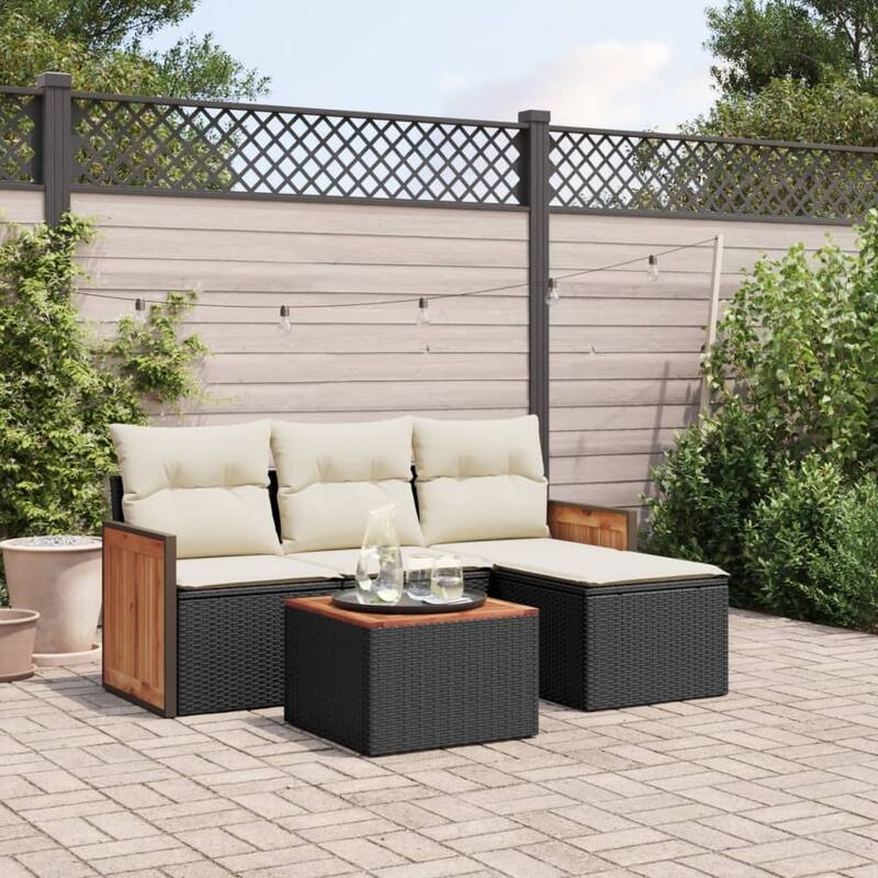 vidaXL Patio Sofa Set with Cushions Outdoor Conversation Furniture Poly Rattan - Black and Cream-With table - 68.1 x 24.4 x 33.5