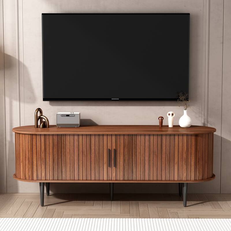 Modern TV Stand with Sliding Door, Wood Media Console Table with Fluted Design, Entertainment Center with Storage Cabinet