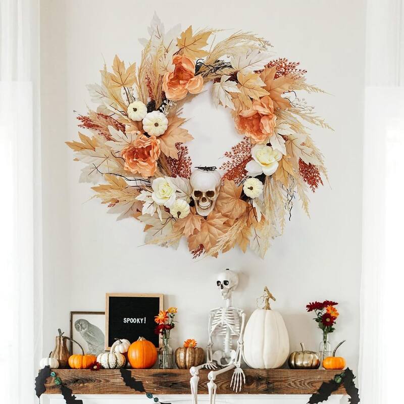 22 Inch Halloween Wreath with Lights White Pumpkins Roses - White