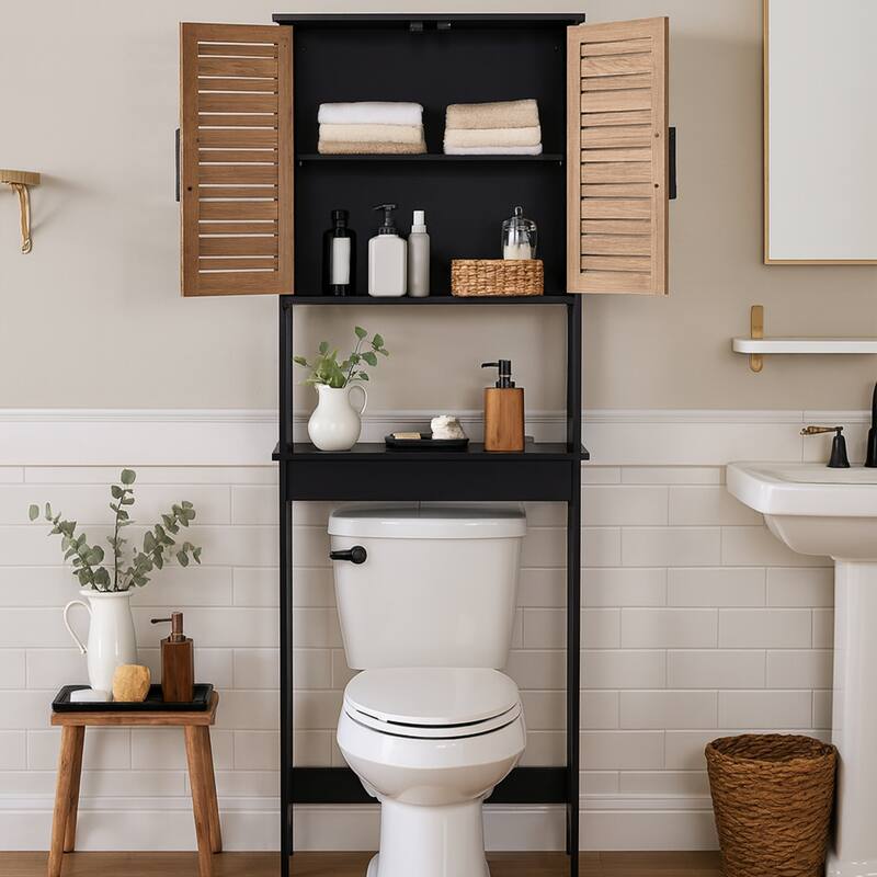 Over The Toilet Storage Cabinet with Double Vented Doors and Open Shelf, Black and Brown - Bergen Collection