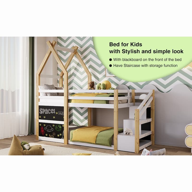 Twin over Twin House Bunk Bed with White Storage Staircase